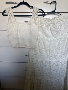 White Lace Maxi Dress with Smocked Crop Top Set